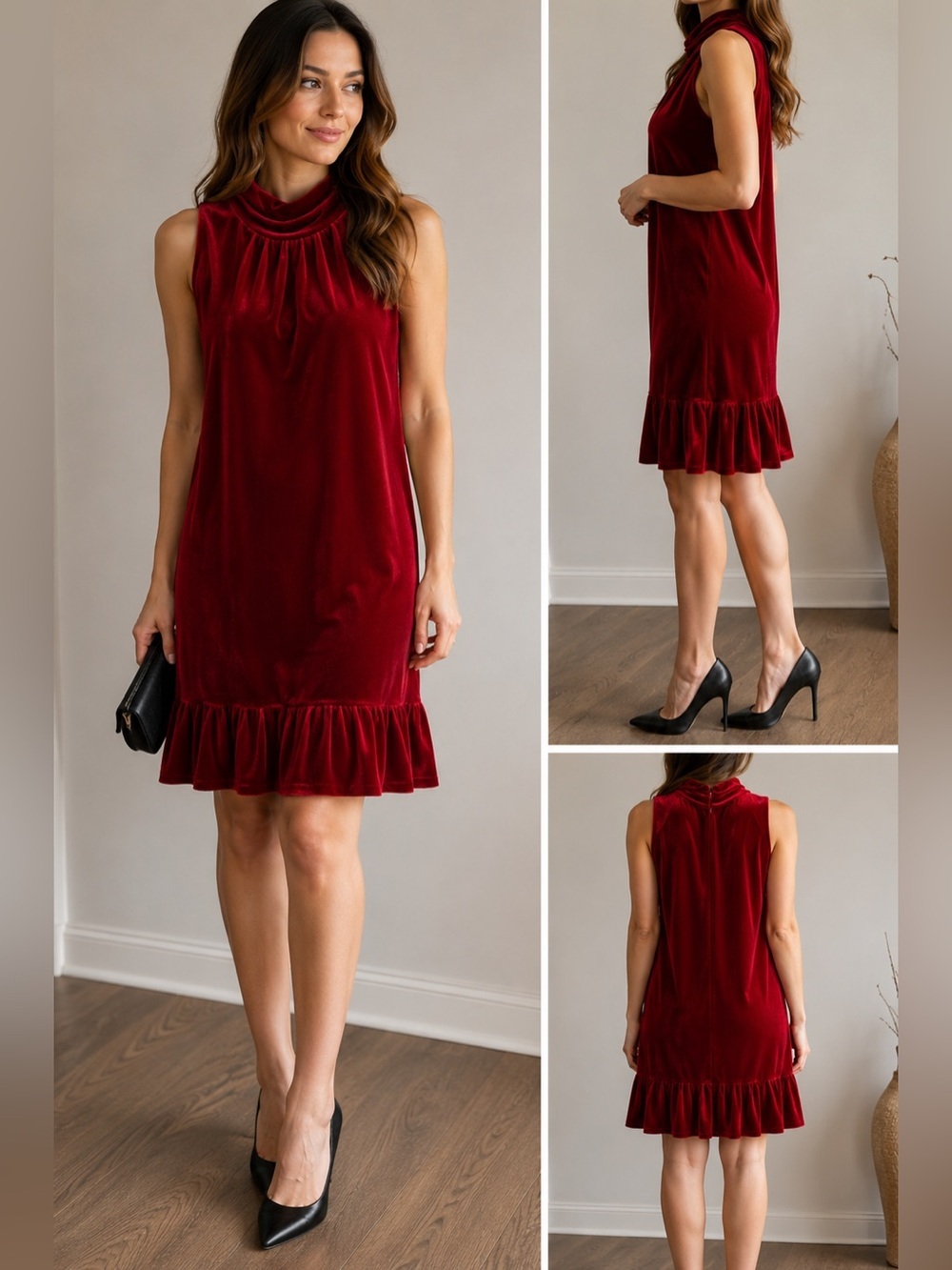 Calvin Klein Red Velvet Mock Neck Dress – Size 6 – Sleeveless Ruffle Hem